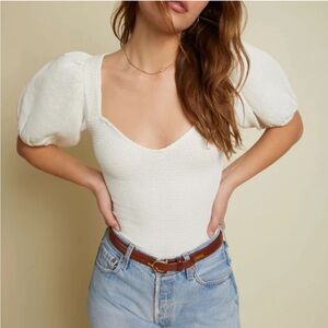 Nation LTD Bianca Smocked 80's Puff Sleeve White Tee